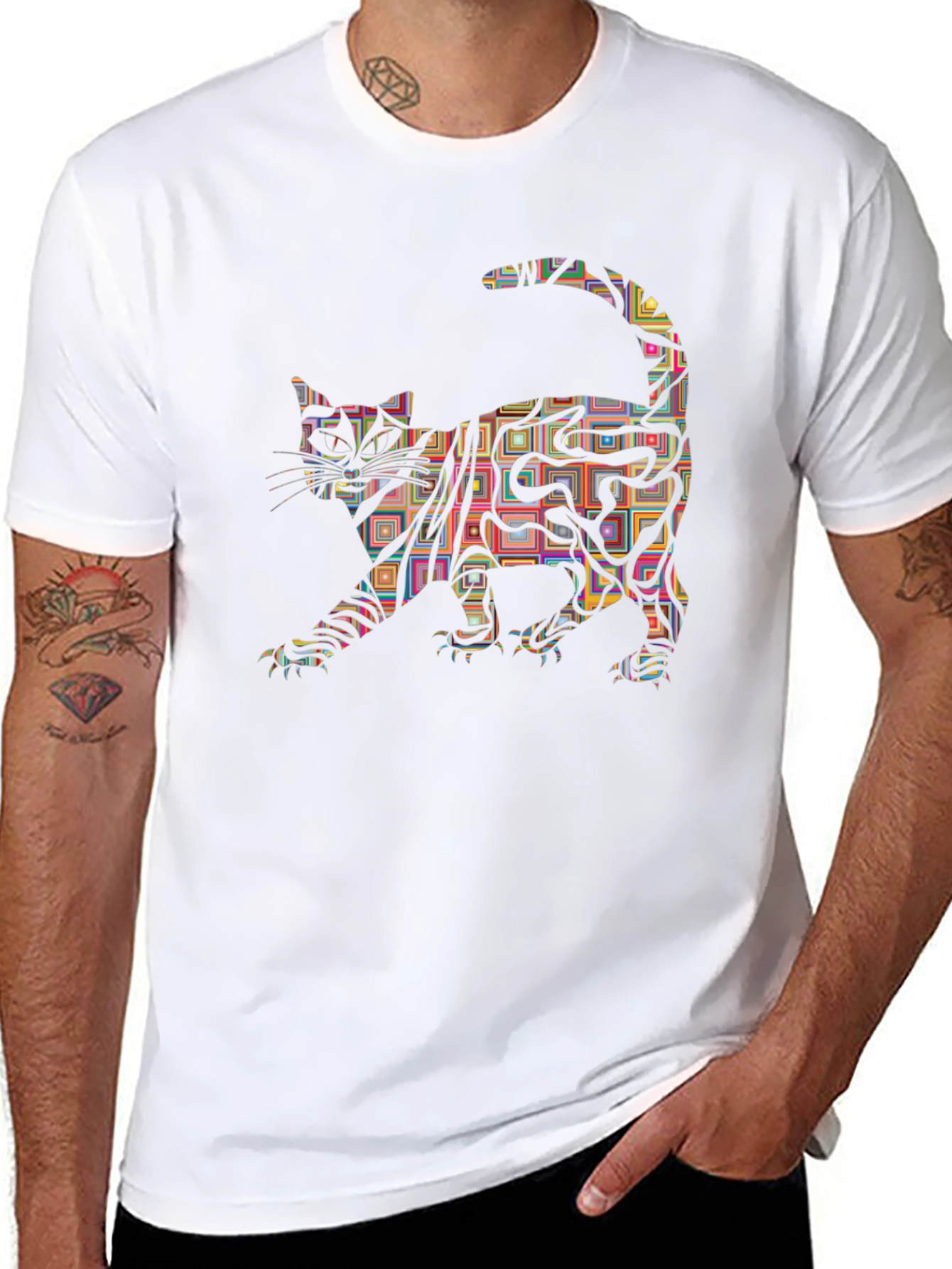 Abstract Cat Graphic Tee - Modern Mens T-Shirt
