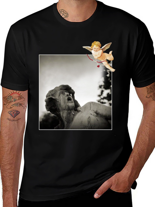 Statue & Cupid Graphic Tee - Artistic Black T-Shirt