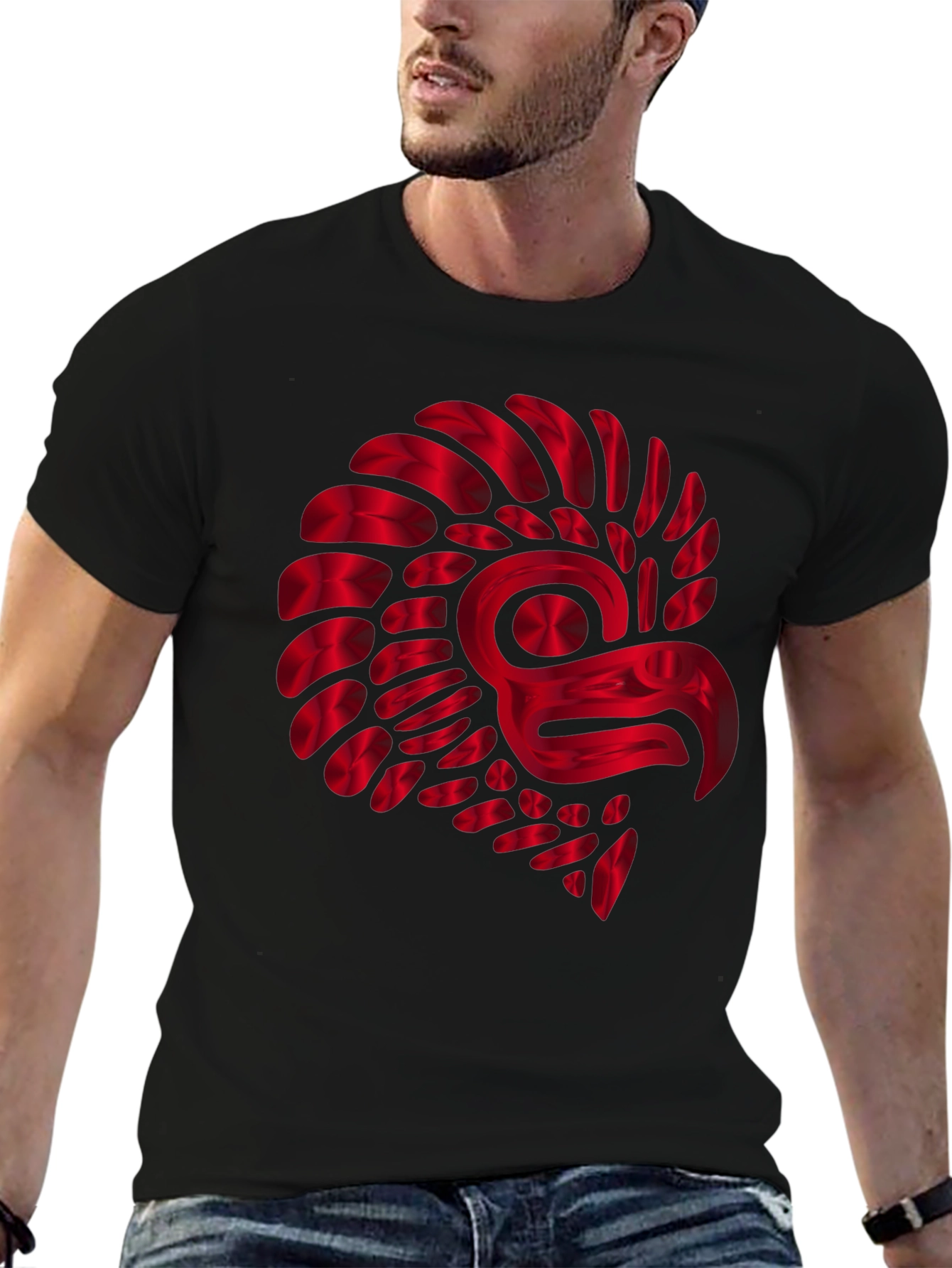 Red Metallic Eagle Design Black T-Shirt