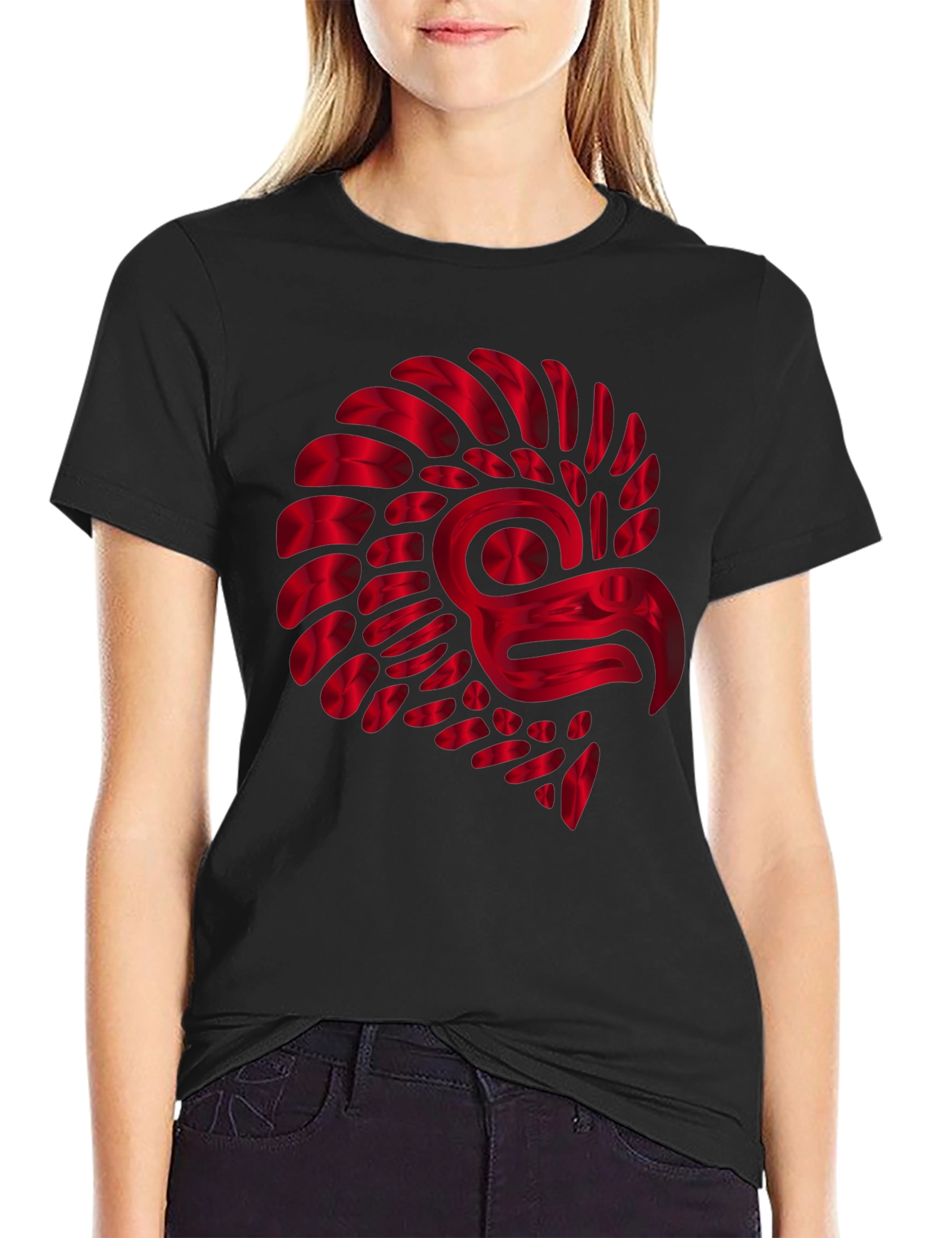 Red Metallic Eagle Design Black T-Shirt