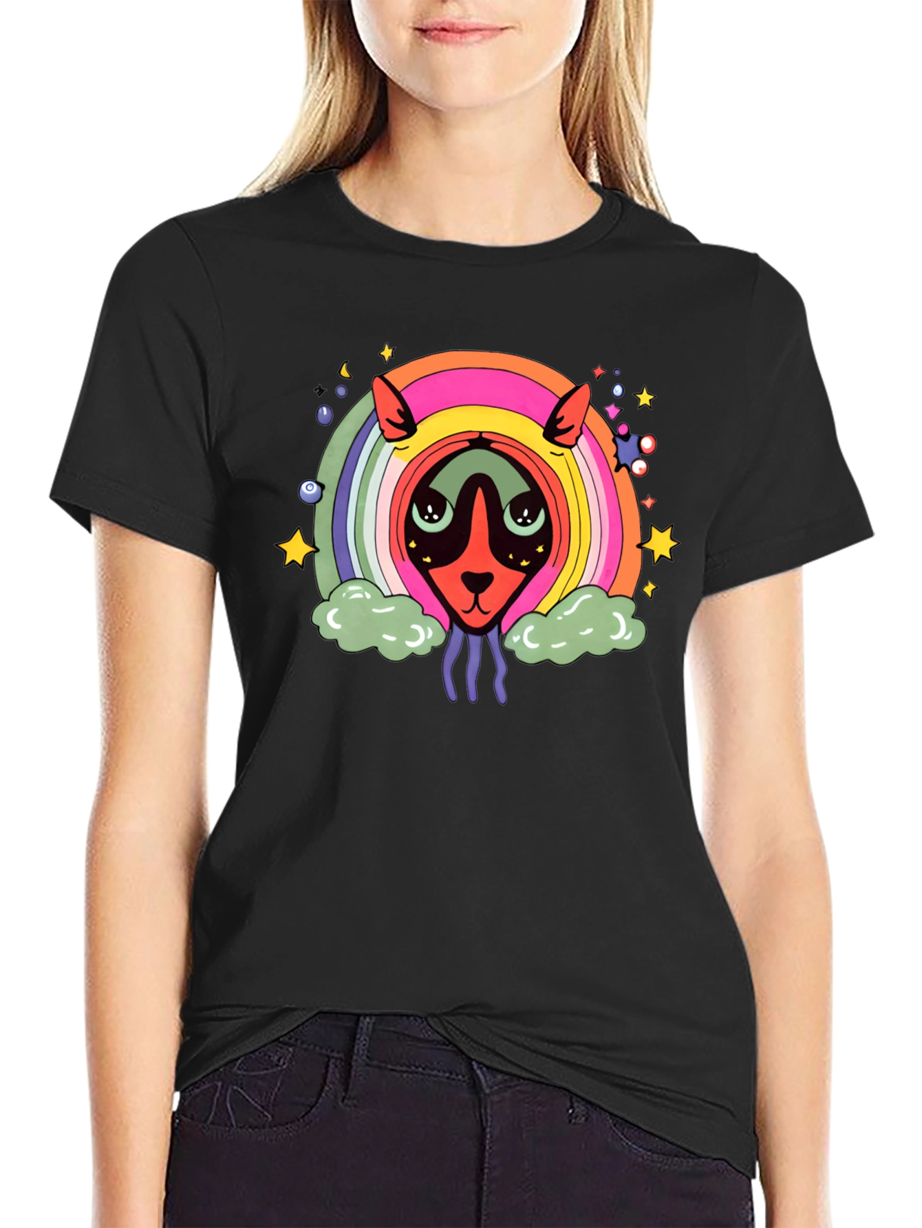 Psychedelic Rainbow Alien Black T-Shirt