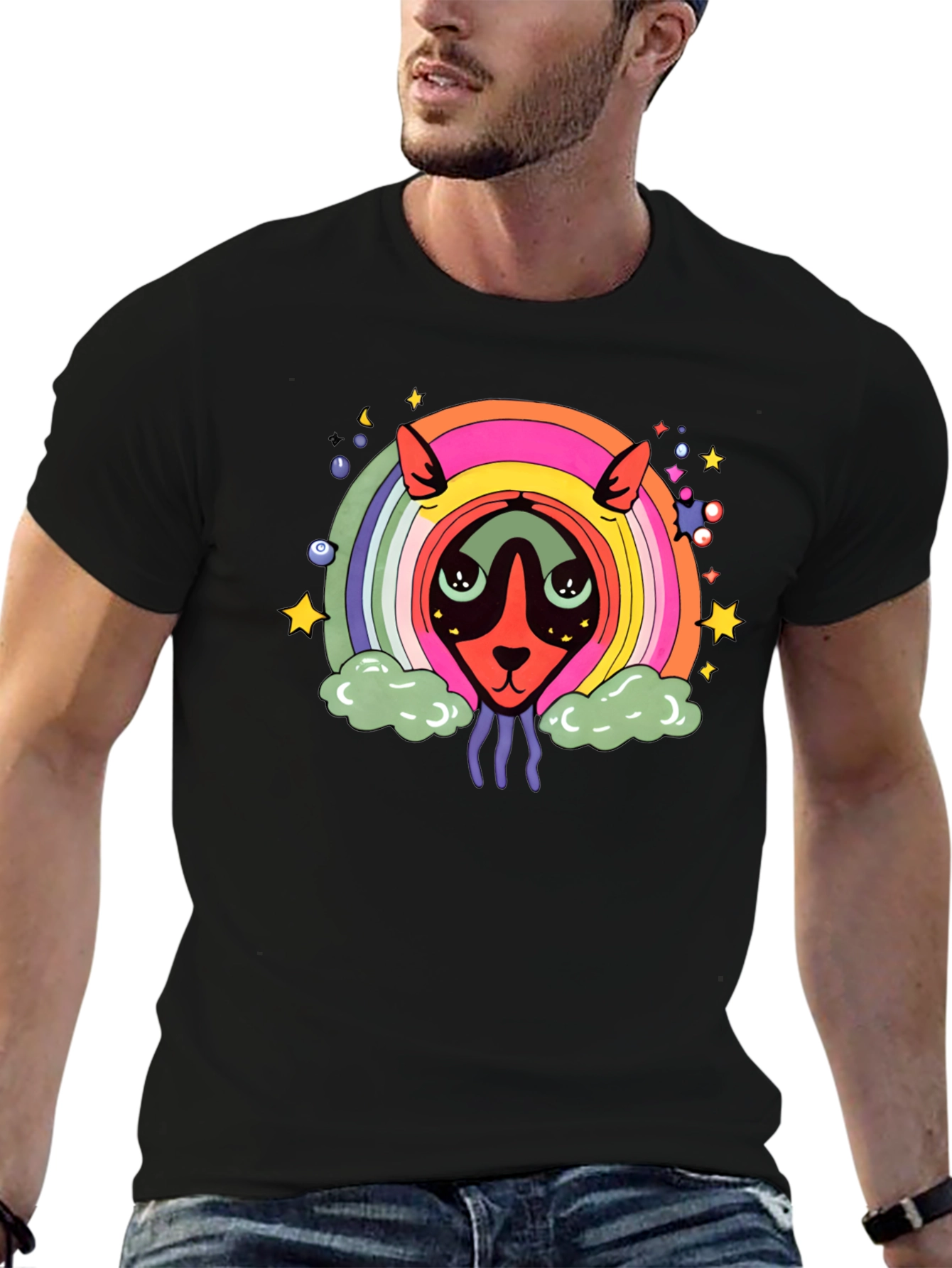 Psychedelic Rainbow Alien Black T-Shirt