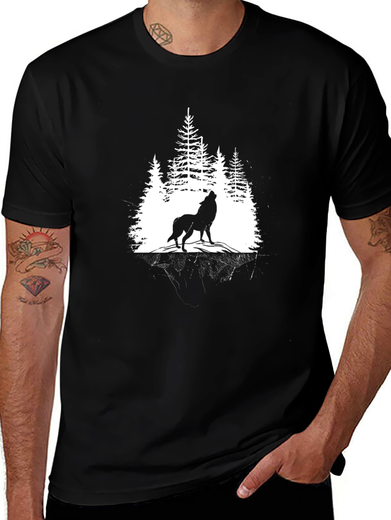 Wolf Howling in Forest Graphic T-Shirt - Black