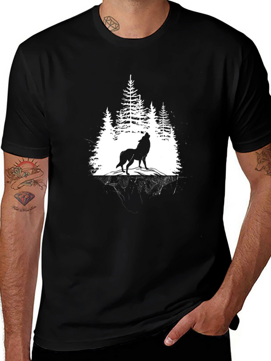 Wolf Howling in Forest Graphic T-Shirt - Black