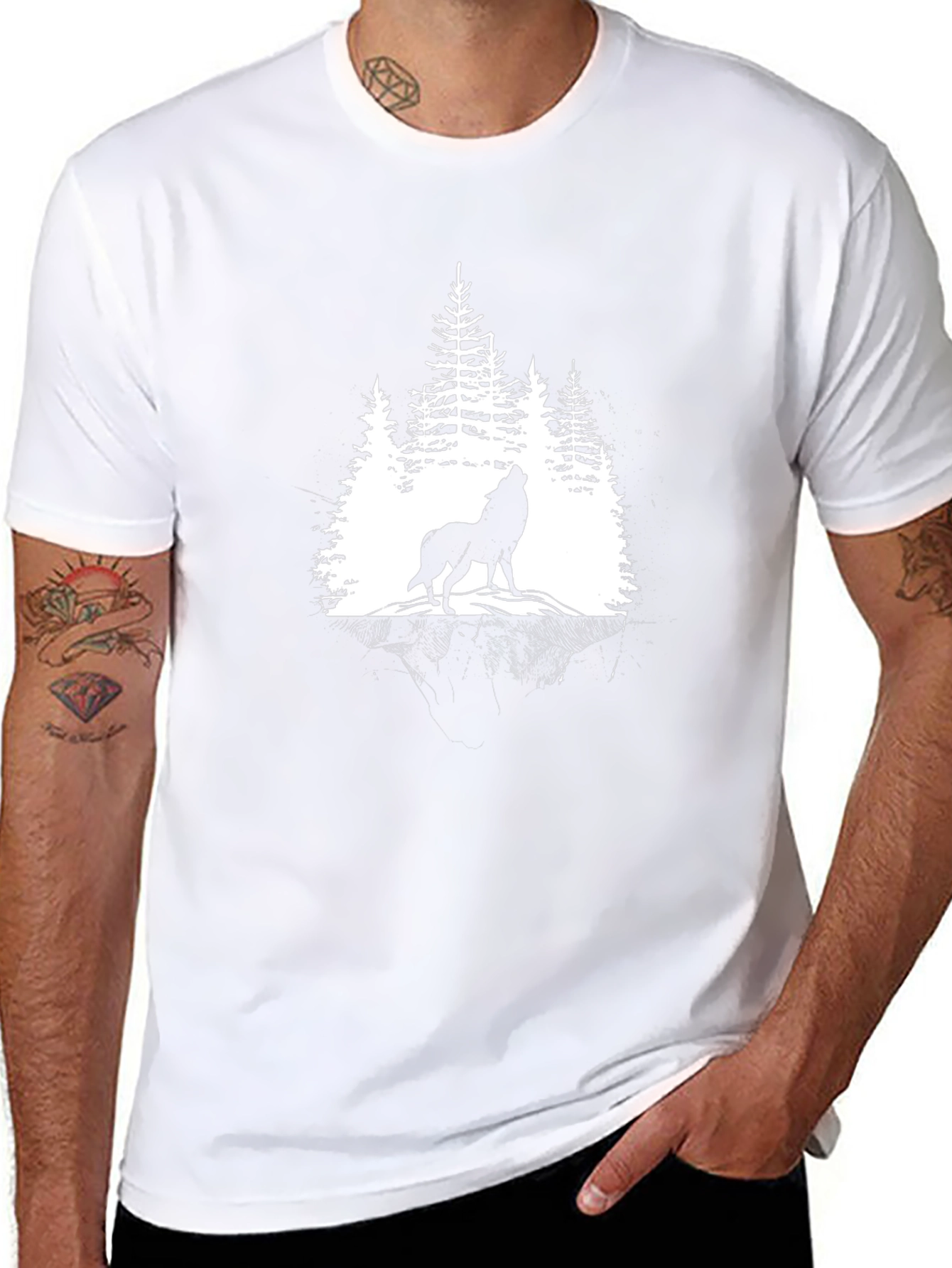 Wolf Howling in Forest Graphic T-Shirt - Black