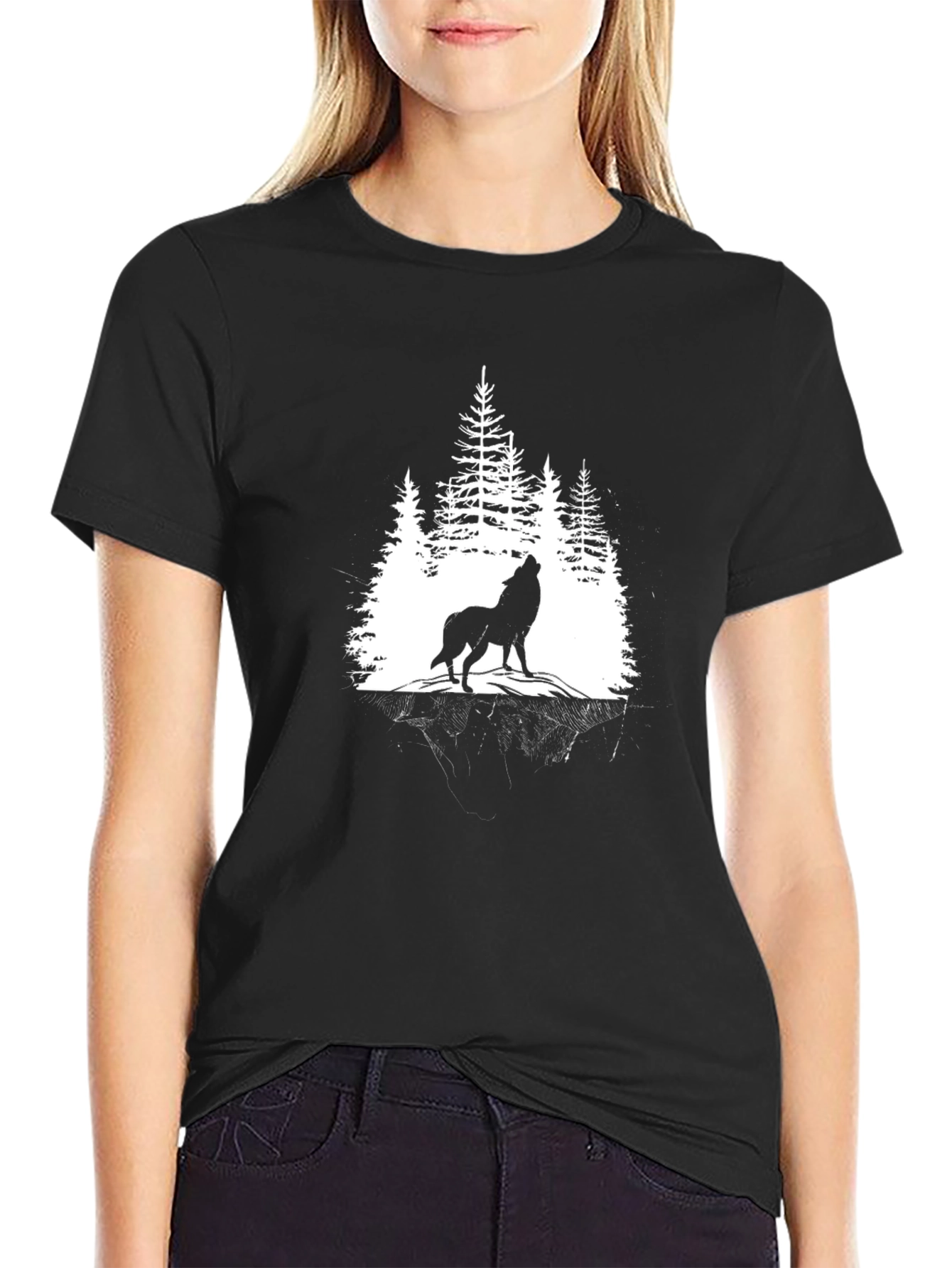 Wolf Howling in Forest Graphic T-Shirt - Black