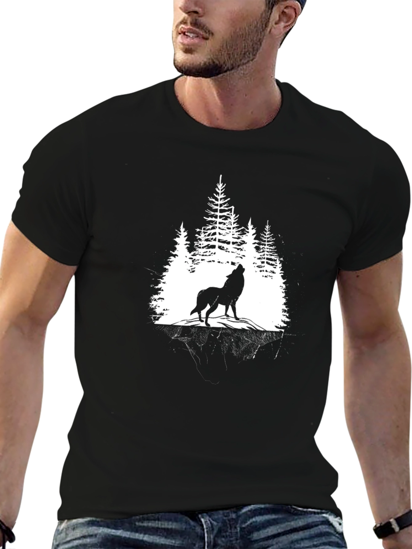 Wolf Howling in Forest Graphic T-Shirt - Black