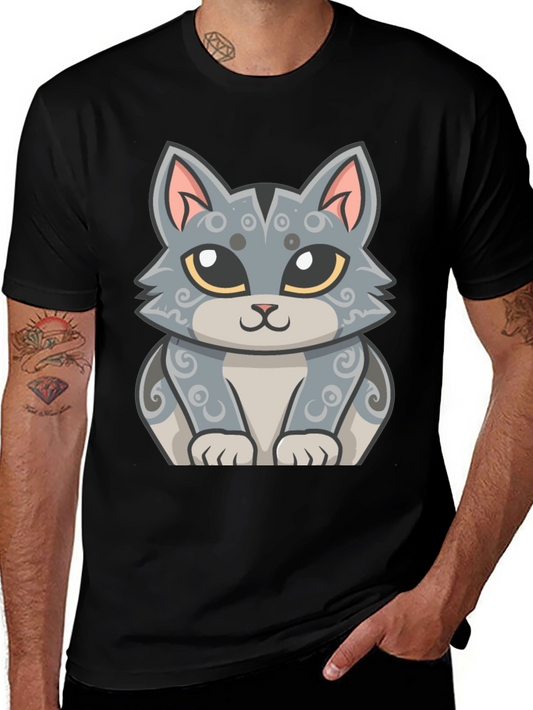 Cute Cartoon Cat Graphic Tee - Soft Black Cotton T-Shirt