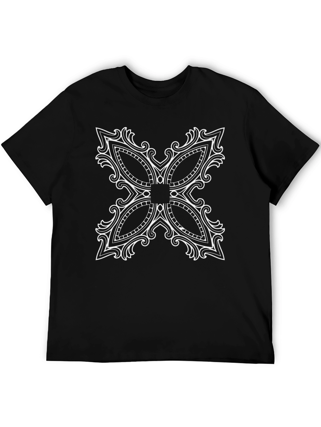 Black T-Shirt with Ornate White Floral Design