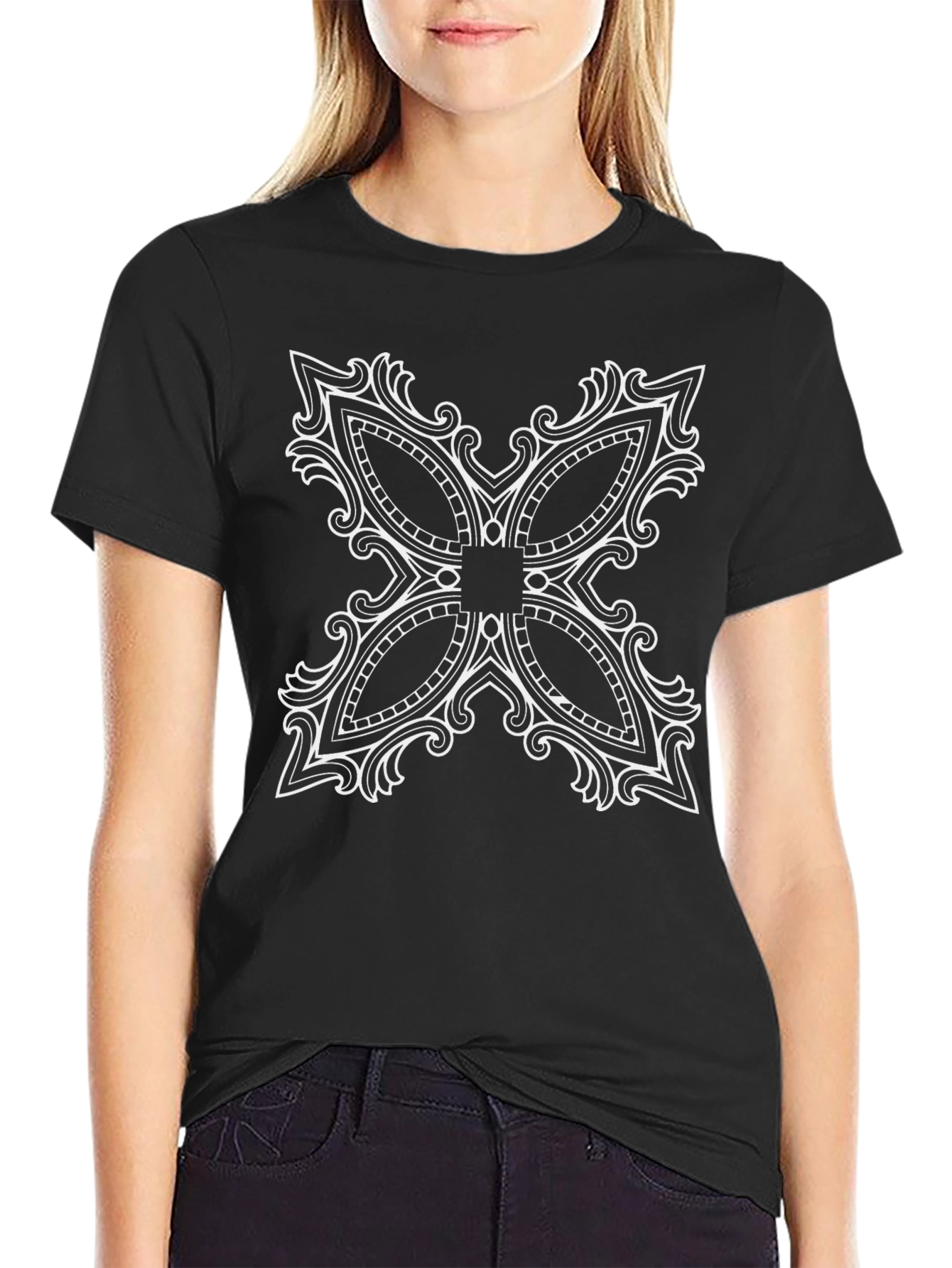 Black T-Shirt with Ornate White Floral Design