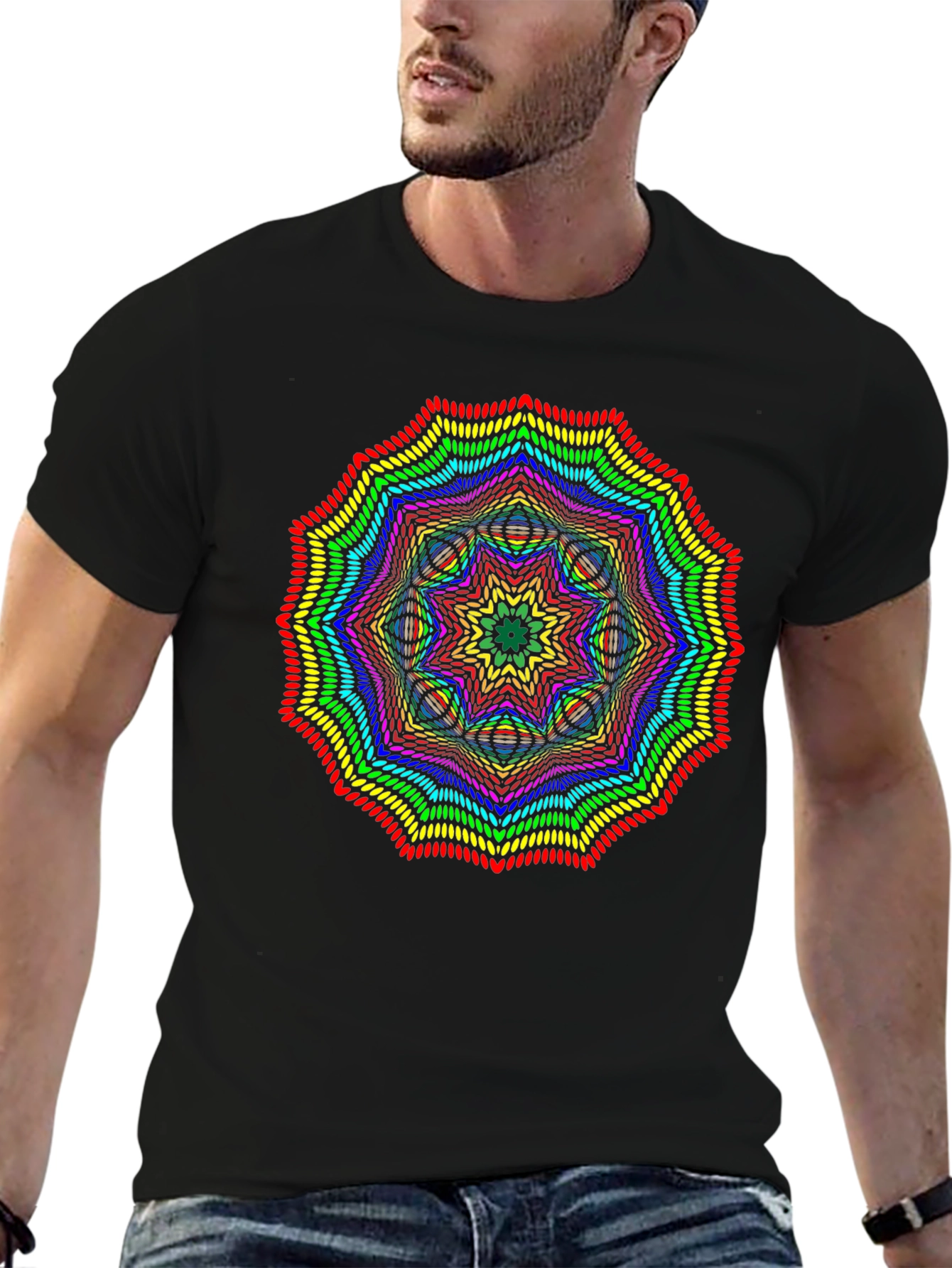 Rainbow Mandala Graphic T-Shirt - Black Crew Neck Tee