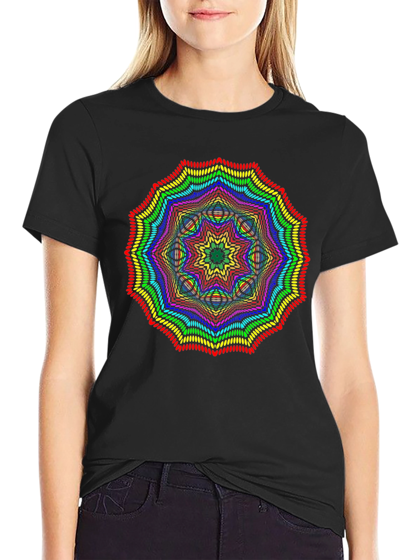 Rainbow Mandala Graphic T-Shirt - Black Crew Neck Tee