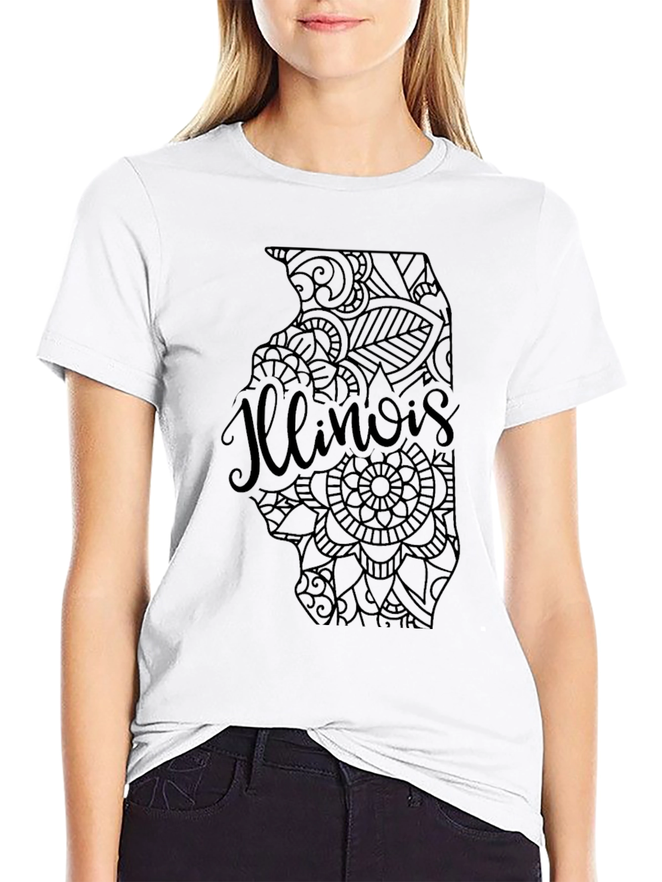 Illinois State Mandala Art Mens Black T-Shirt