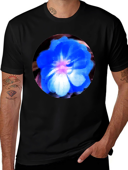 Blue Floral Pixel Art Graphic T-Shirt