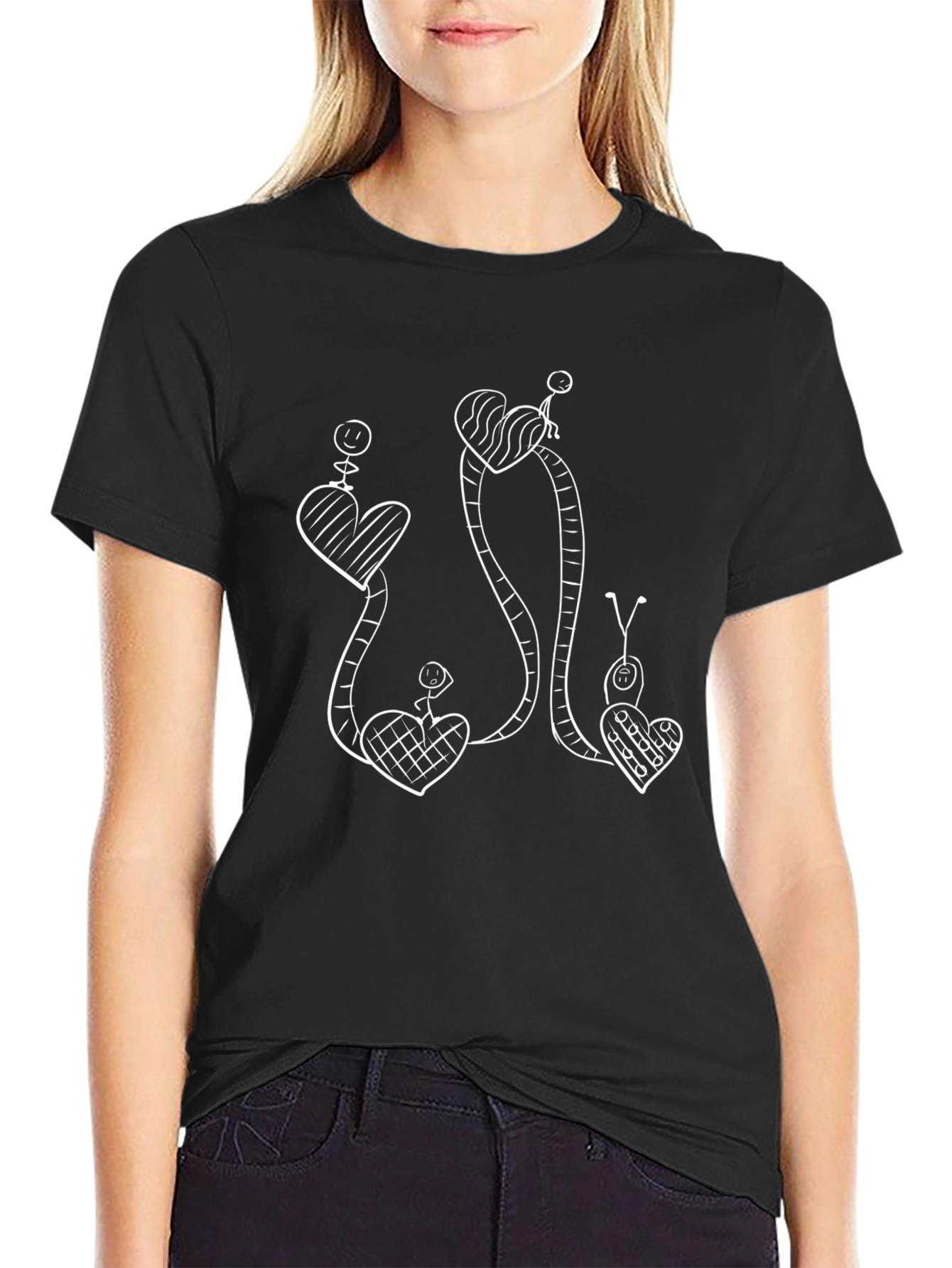 Whimsical Heart Vine Graphic Tee - Black