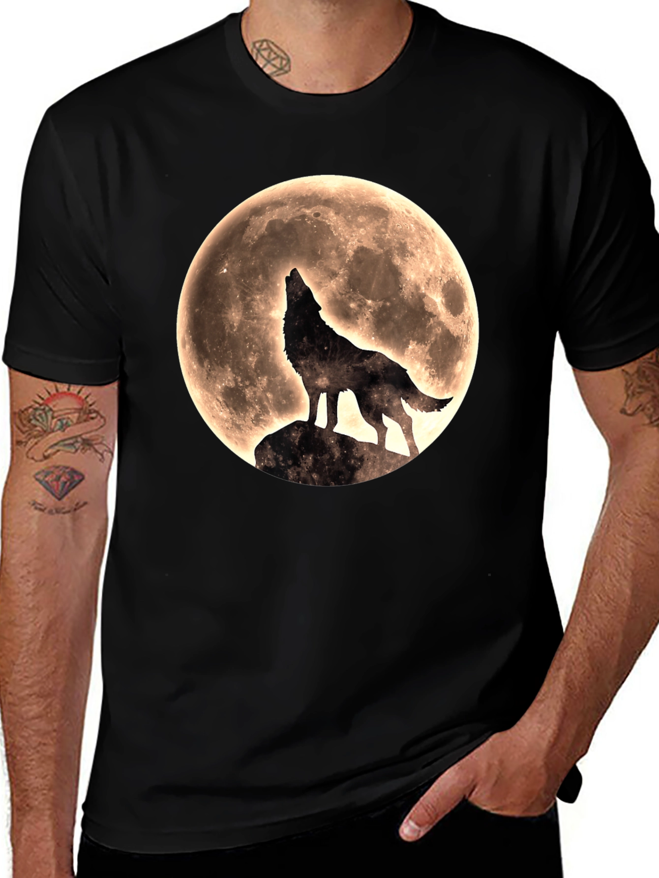 Wolf Howling at Moon Graphic T-Shirt - Black