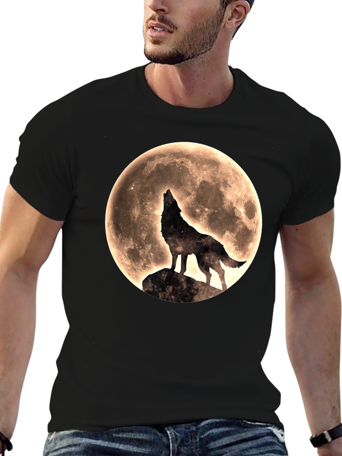 Wolf Howling at Moon Graphic T-Shirt - Black