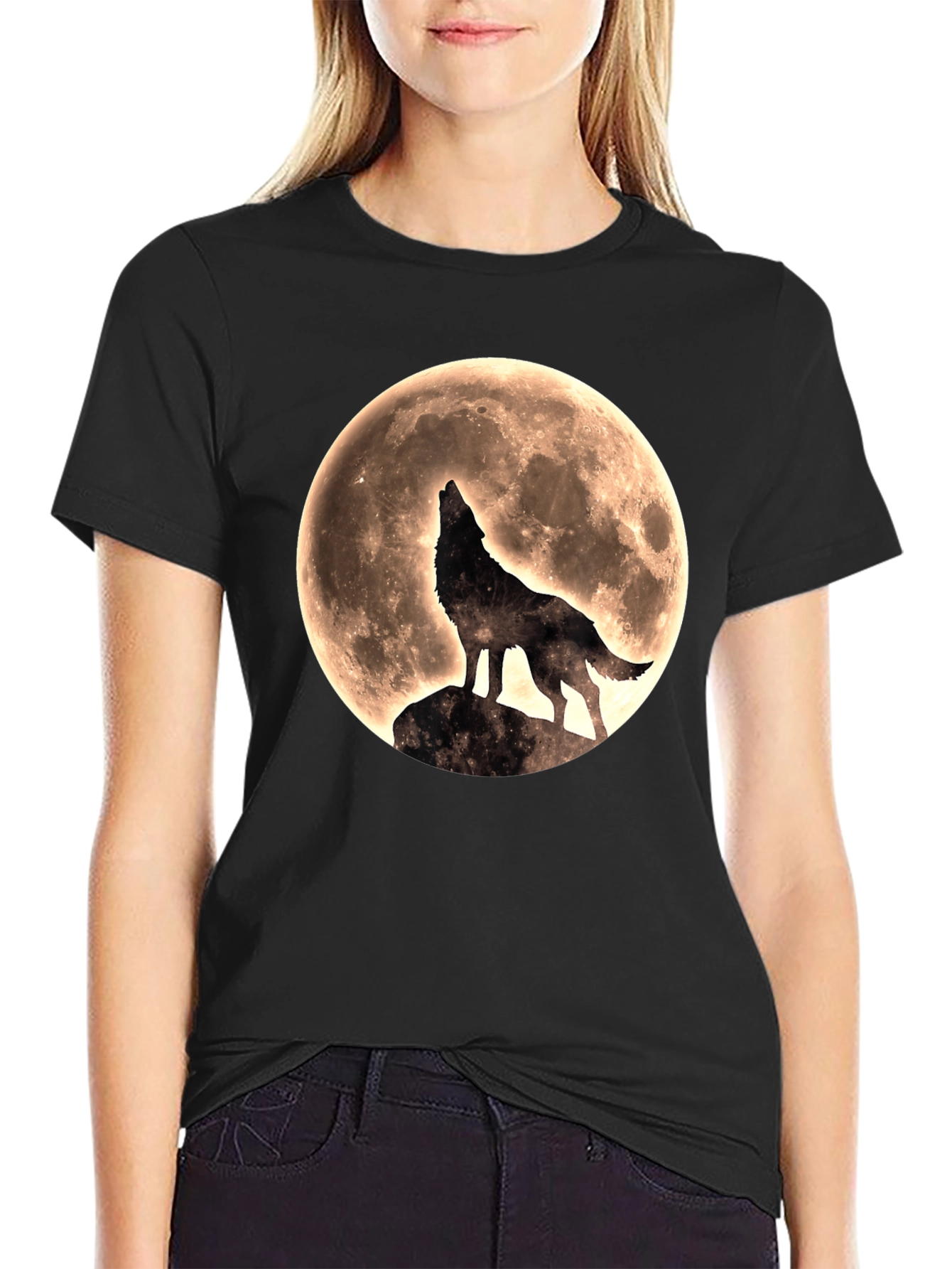 Wolf Howling at Moon Graphic T-Shirt - Black