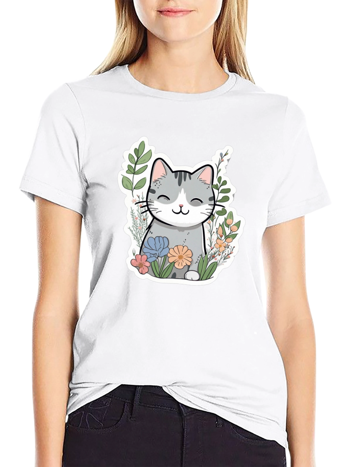 Cat in Flowers Graphic T-Shirt