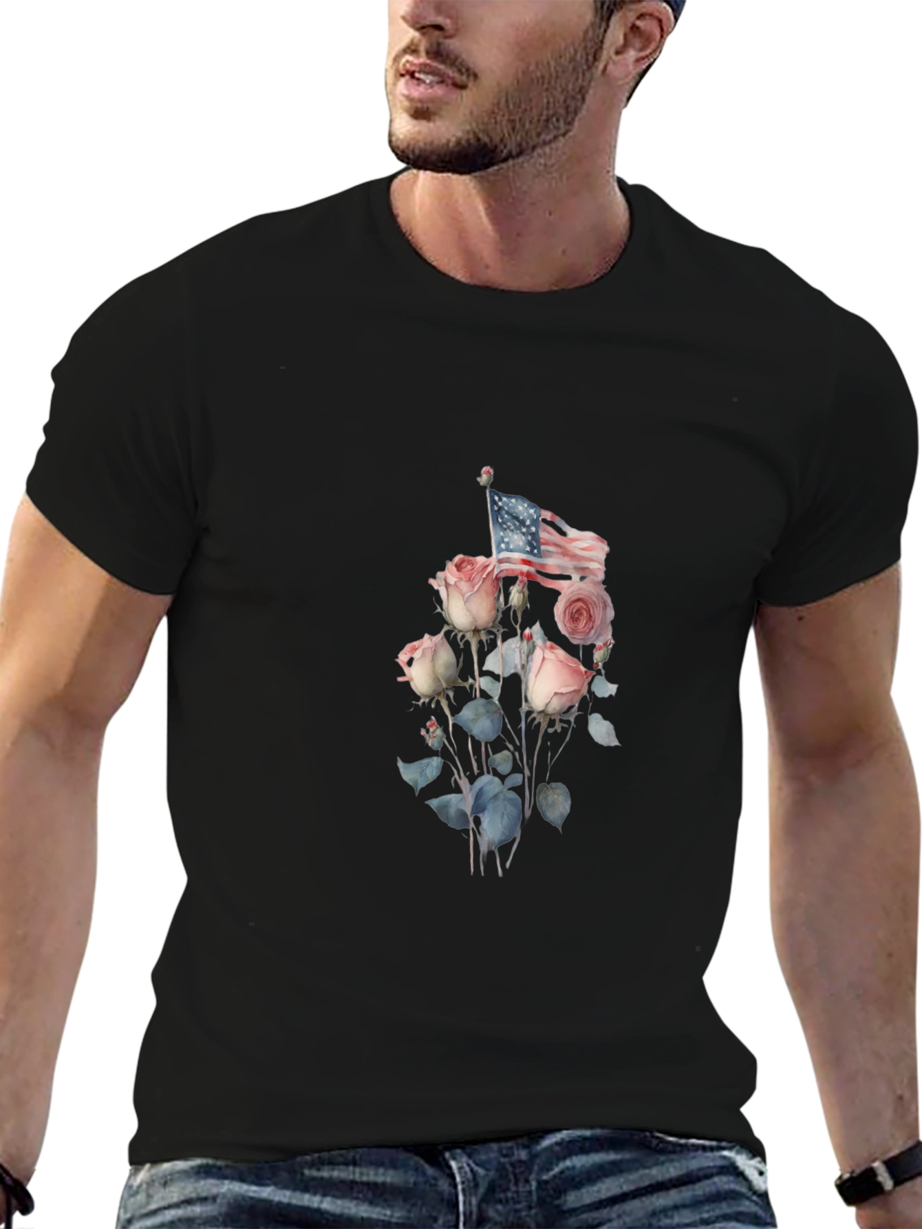Floral American Flag Graphic Tee - Black
