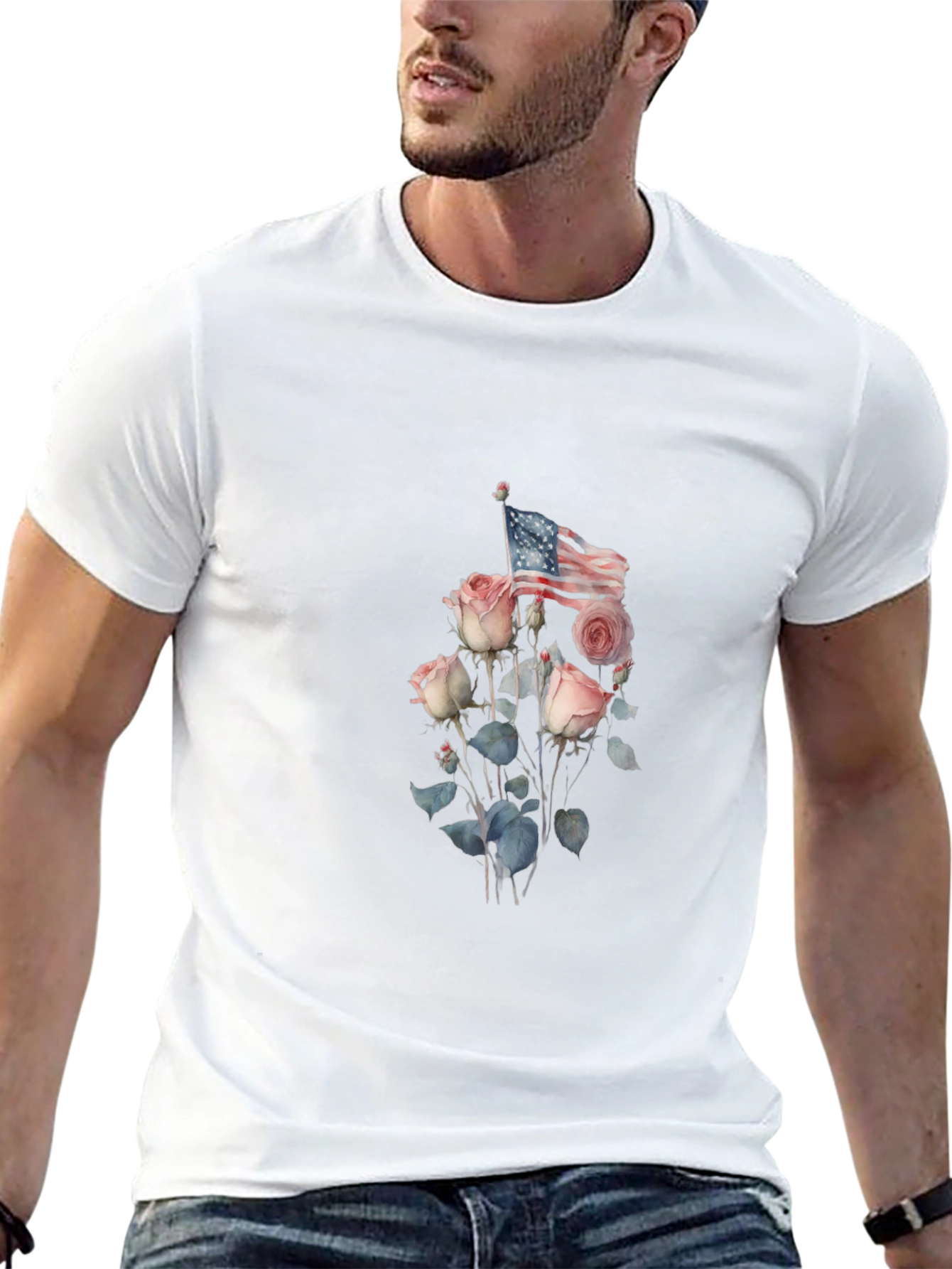 Floral American Flag Graphic Tee - Black