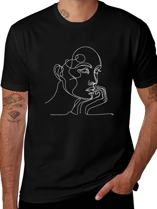 Abstract Line Art Face Graphic Tee - Black