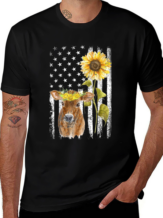Cow Sunflower American Flag T-Shirt