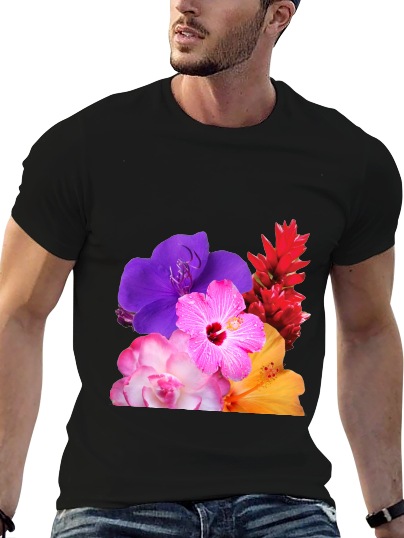 Floral Print Black T-Shirt - Vibrant Blossom Design