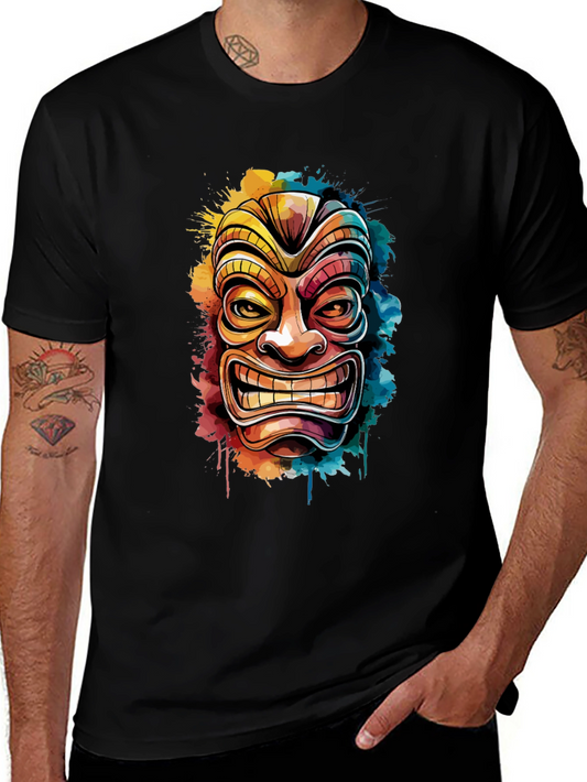Tiki Mask Graphic Tee - Vivid Watercolor Design